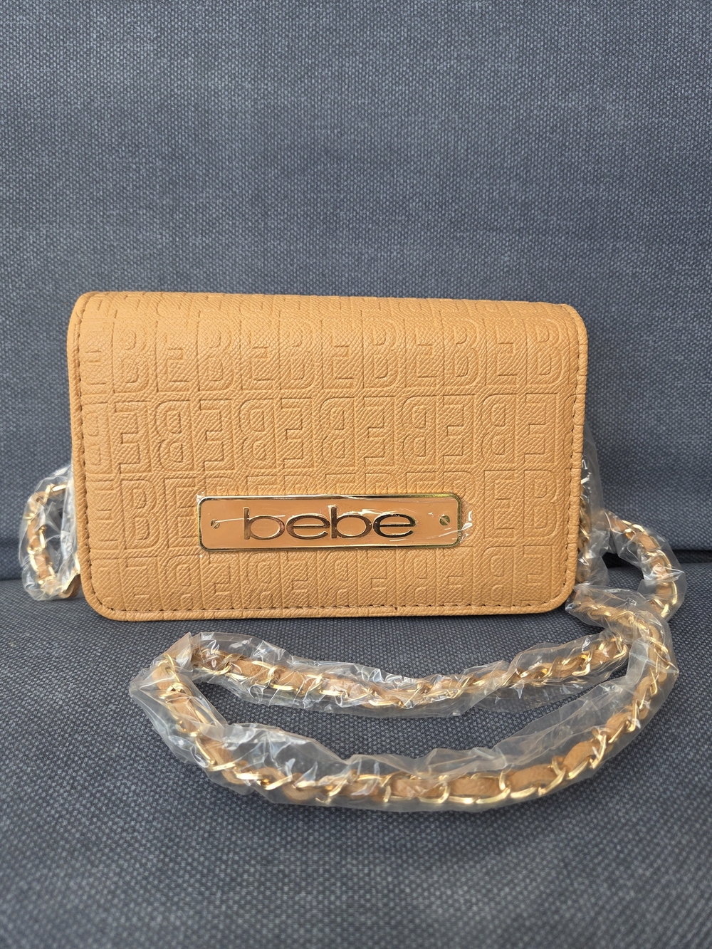 bebe Camel Quilted Logo Chain Crossbody